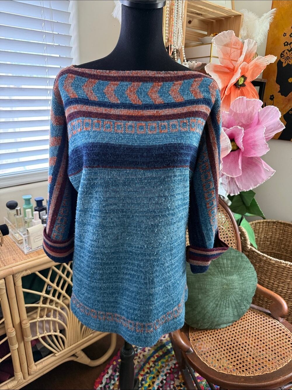 Vintage 70s Bonnie Lee Le Roy Multicolor Knit Boho Hippie Tunic Sweater